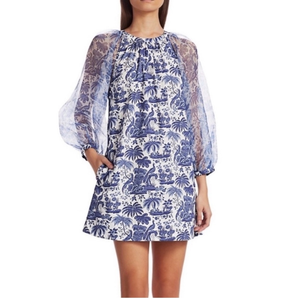 STAUD Blue and White Tropical Print Dress